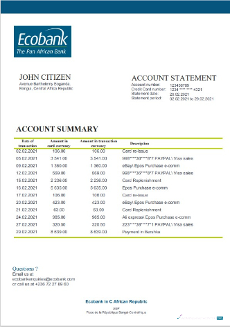 Download Central African Republic Ecobank bank statement word